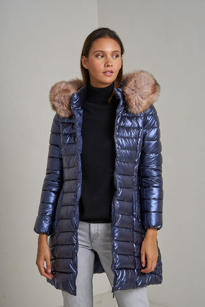 Martha Long Puffer Jacket with Fur On Hood Navy