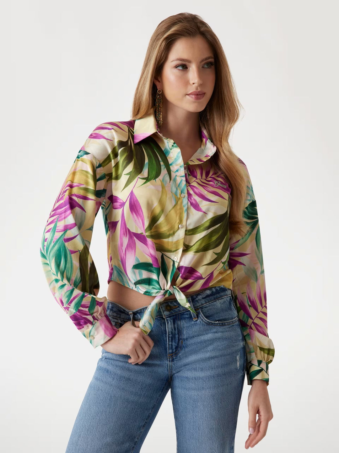 Guess Jun Bowed Floral Print Tie Blouse