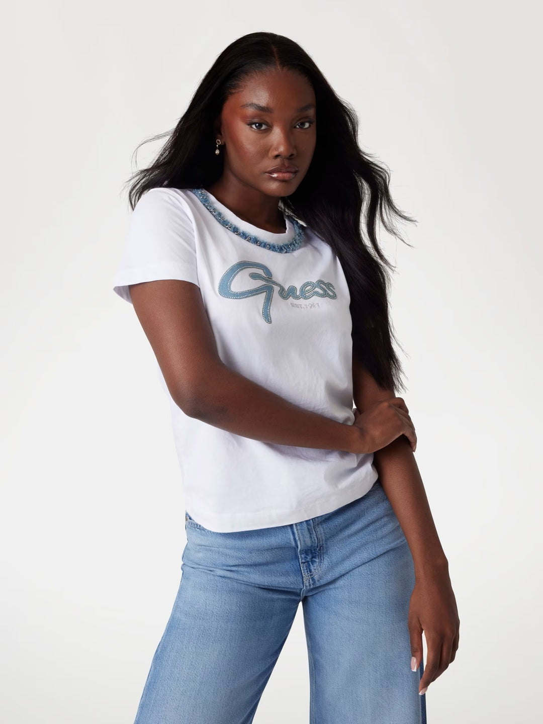 Guess Denim Blue Printed Logo White T-Shirt