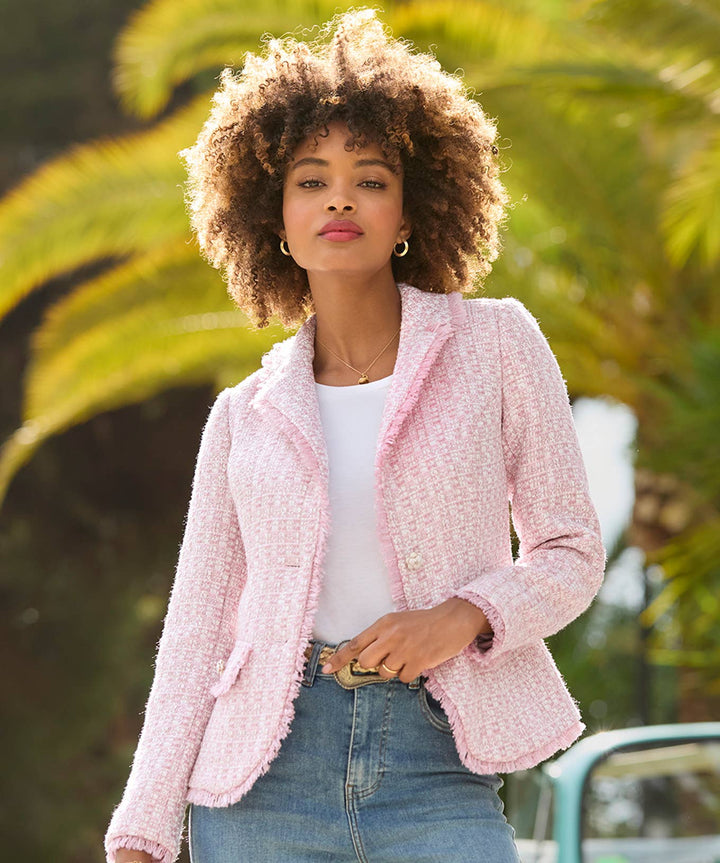 Claudette Floral Fastening Tweed Jacket: Pink