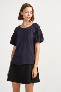 French Connection Utility Blue Crepe Light Puff Sleeve Top