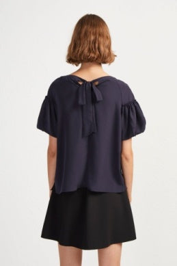 French Connection Utility Blue Crepe Light Puff Sleeve Top